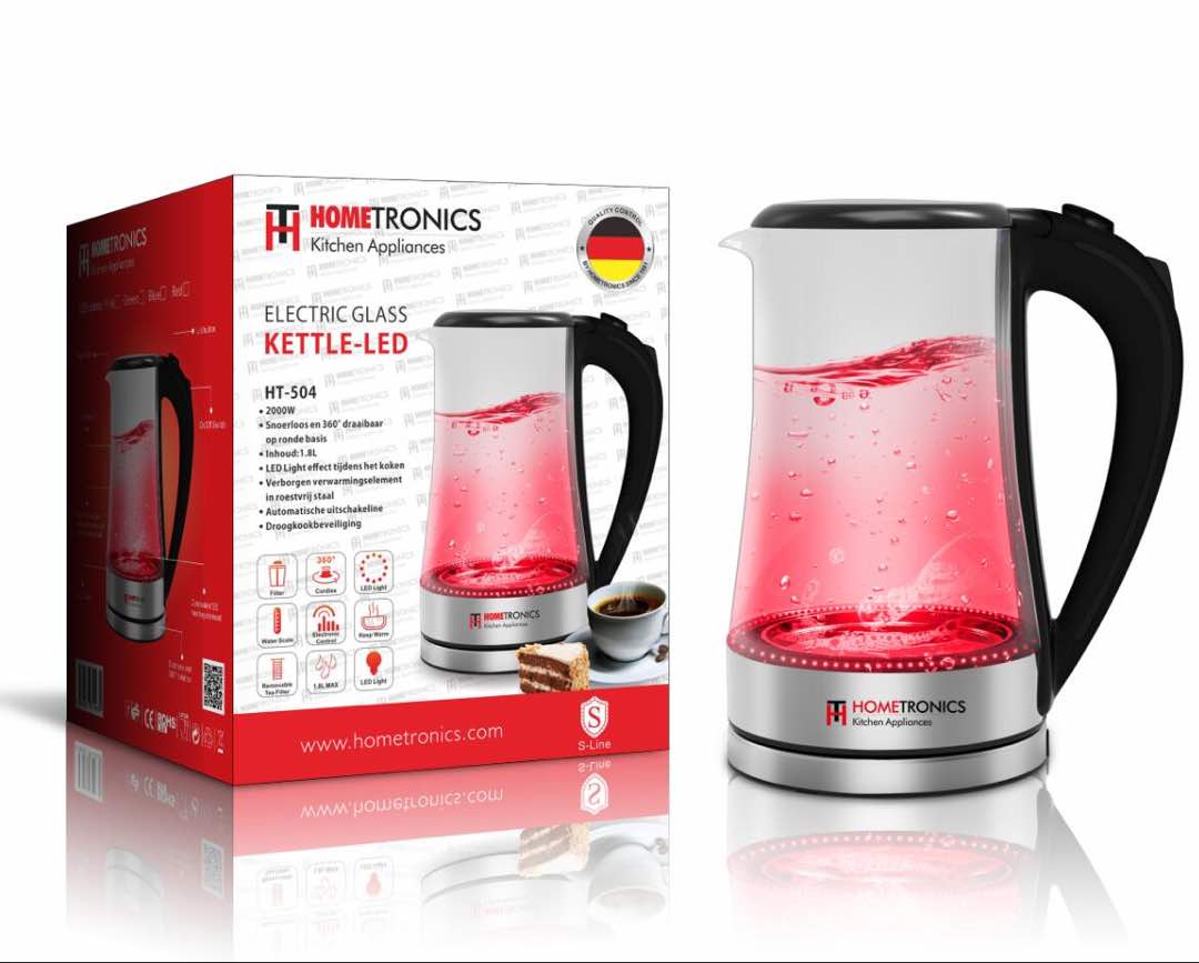 HomeTronics γυάλινος ηλεκτρικός βραστήρας νερού 2200W 1.7 lt με LED φωτισμό σε ασημί χρώμα